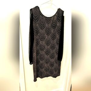 Onyx Nite Black and Metallic with Sheer  Long Sleeve Dress, Size 14